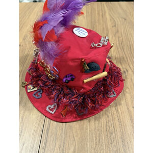 Vintage Red Hat Society Hat – Heavily Decorated with Pins, Feathers & Charms F1